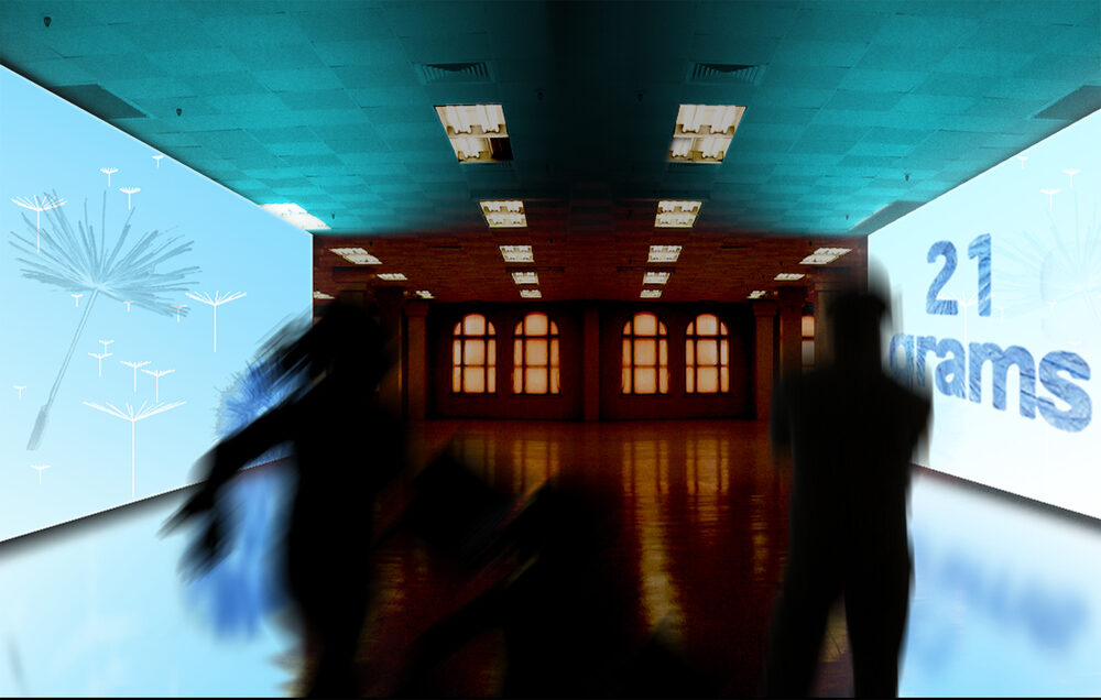 Two silhouetted figures in a dim hallway between two illuminated screens, one reading '21 grams' beside a dandelion motif.