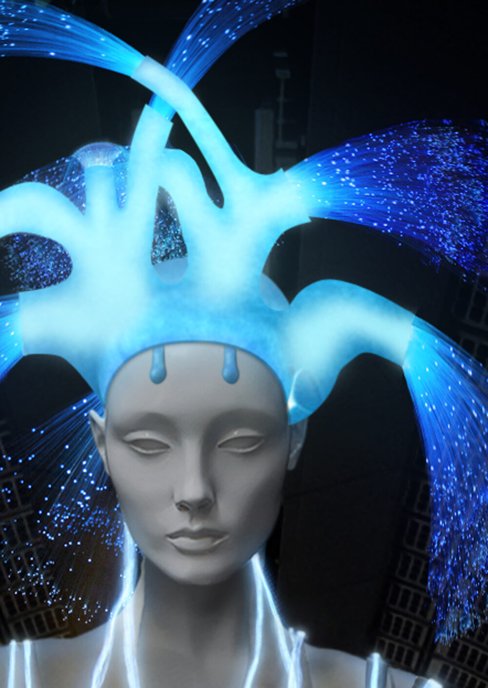 A close-up of a glowing blue fibre-optic headdress on a pale mannequin head.